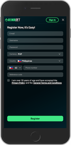 Mobile screenshot of Almabet registration page