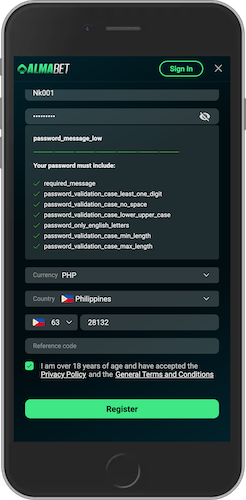 Mobile screenshot of Almabet registration page