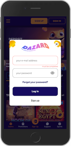 Mobile screenshot of Dazard login page