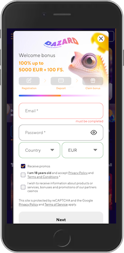 Mobile screenshot of Dazard registration page