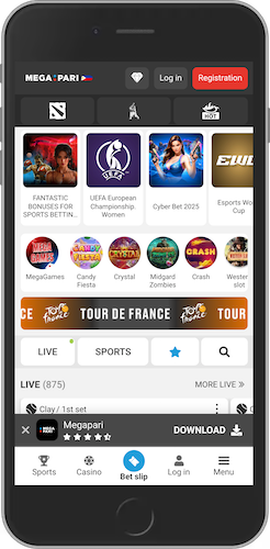 Mobile screenshot of main Megapari page with registration button