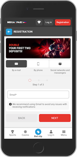 Mobile screenshot of Megapari page with registration options