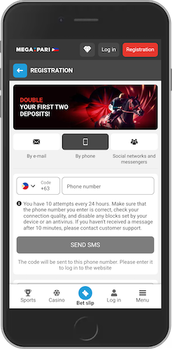 Mobile screenshot of Megapari page with SMS registration option