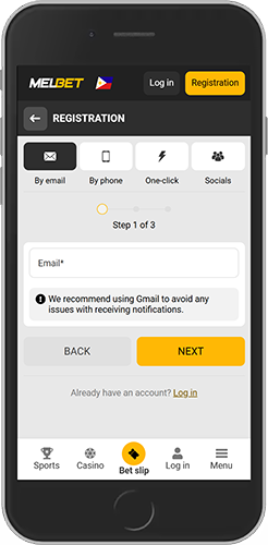 Mobile screenshot of the Melbet registration page 1