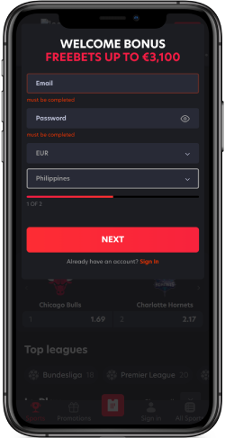 Screenshot of step 1 of registration process at 1Red