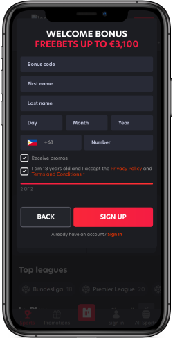 Screenshot of step 2 of registration process at 1Red