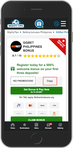 Mobile screenshot how to claim the GGBet promo codes 