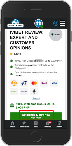 The mobile screenshot how to claim the Ivibet promo codes from MightyTips
