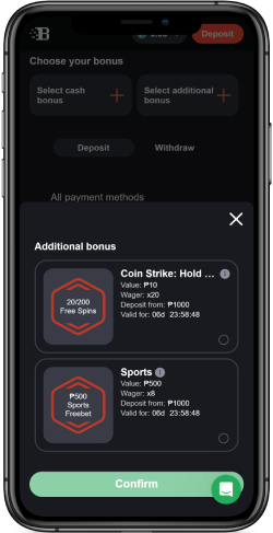 Screenshot of choosing bonus at Bons