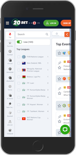 Mobile screenshot of 20bet live sports page