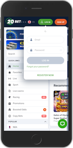 Mobile screenshot of 20Bet login option