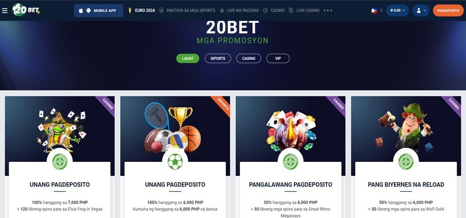 Screenshot of the 20bet bonuses and promotions page