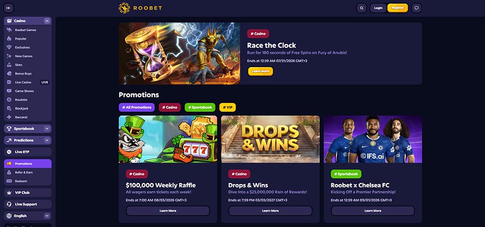 Screenshot of the Roobet bonuses page