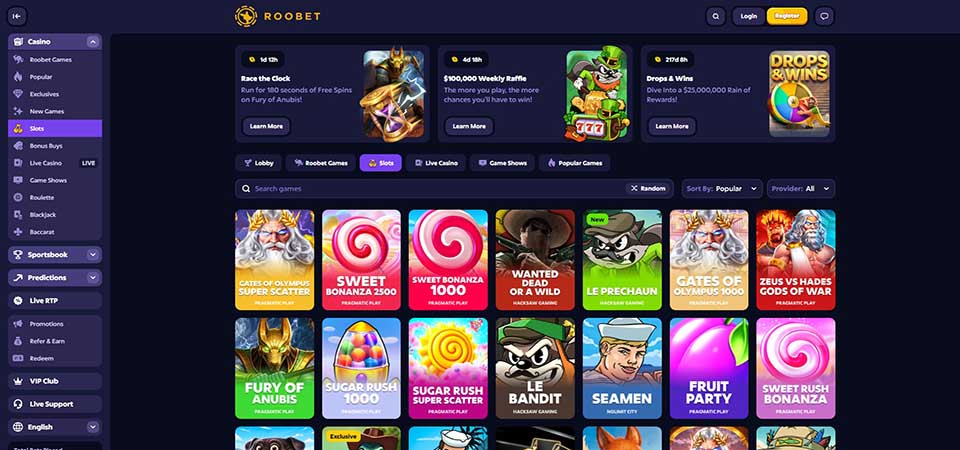 Screenshot of the Roobet casino page