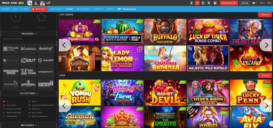 The screenshot of Megapari casino page