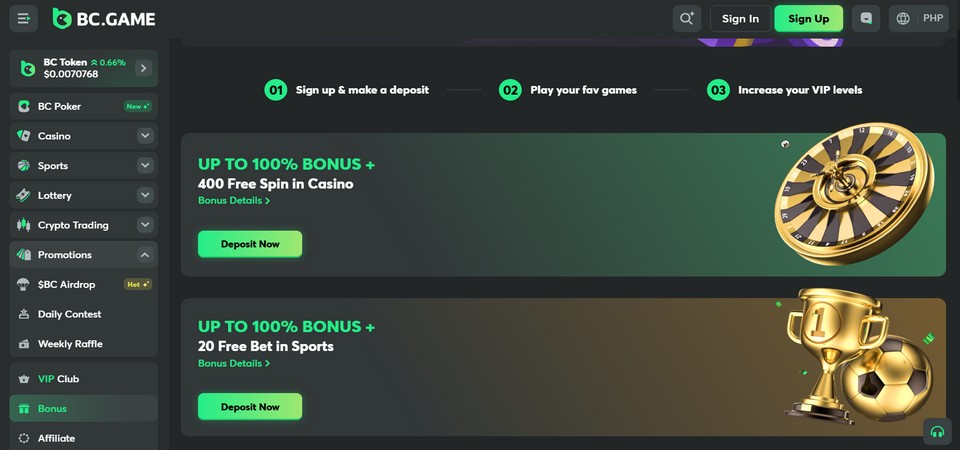 Screenshot of BC.Game sportsbook bonuses & promotions page