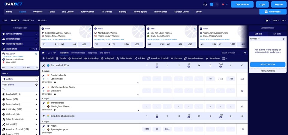 Screenshot of sports at PaidBet
