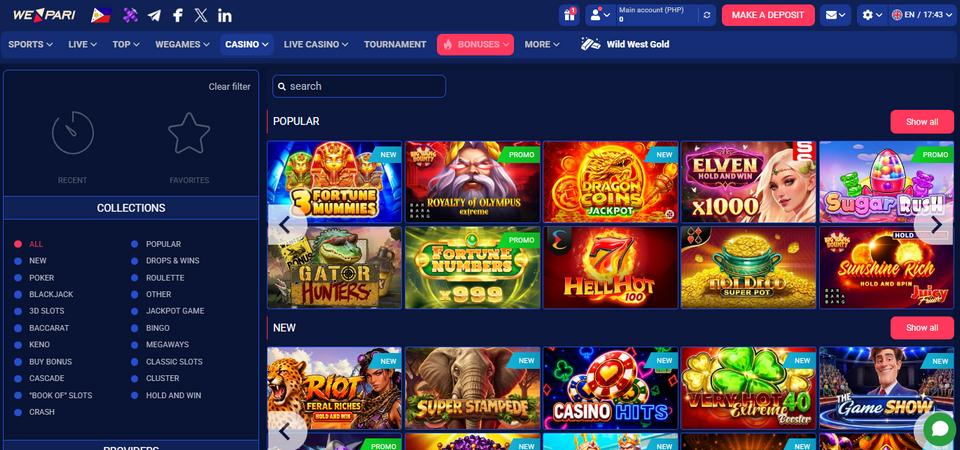 Screenshot of the WePari casino page