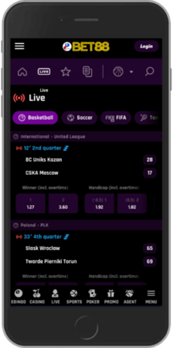 Mobile screenshot of the Bet88 live betting