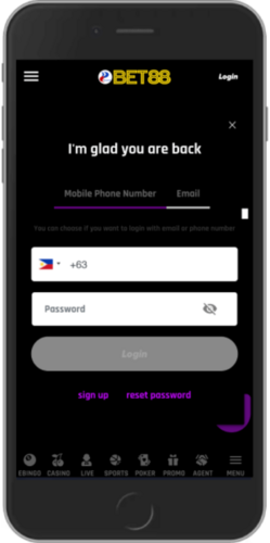 Mobile screenshot of the Bet88 how to log in