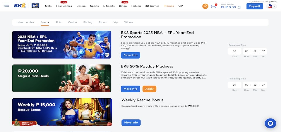 Screenshot of the BK8 promotions