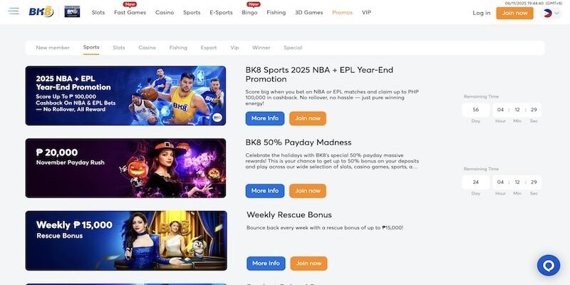 Screenshot of the BK8 promo page