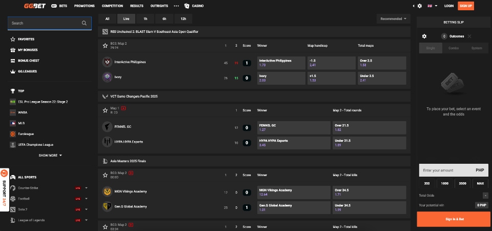 The screenshot of GG.BET live sport page