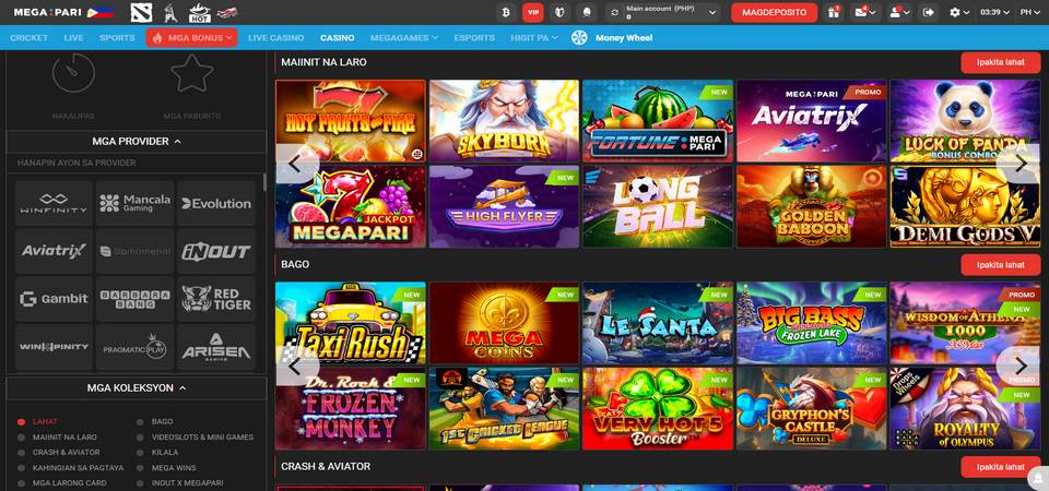 The screenshot of Megapari casino page