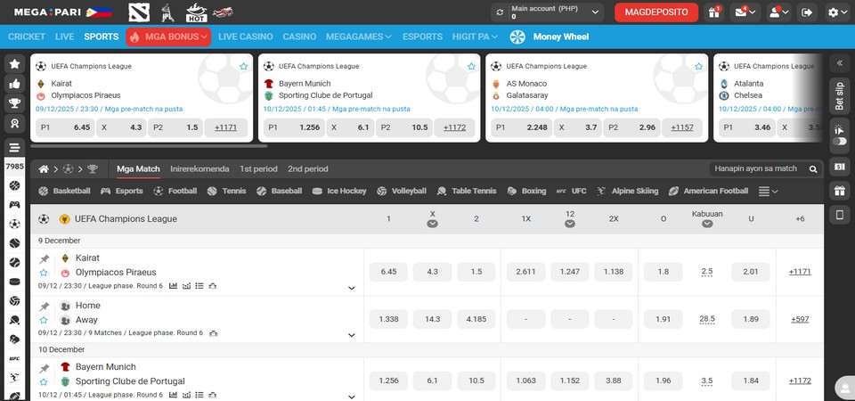 The screenshot of Megapari sports page