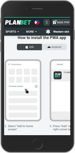 Screenshot how to install the Planbet PWA file for IOS by steps