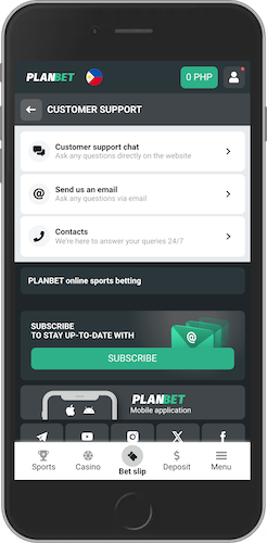 Mobile screenshot of Planbet support options