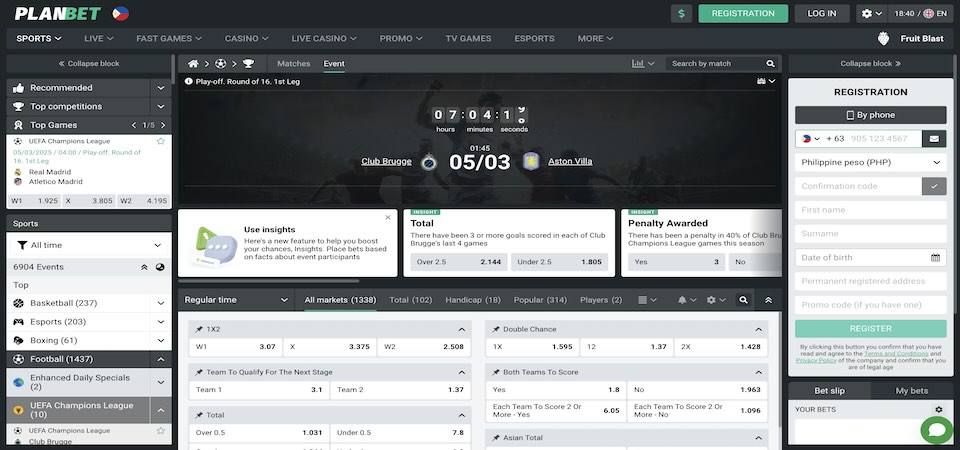 Screenshot of the Planbet sport page