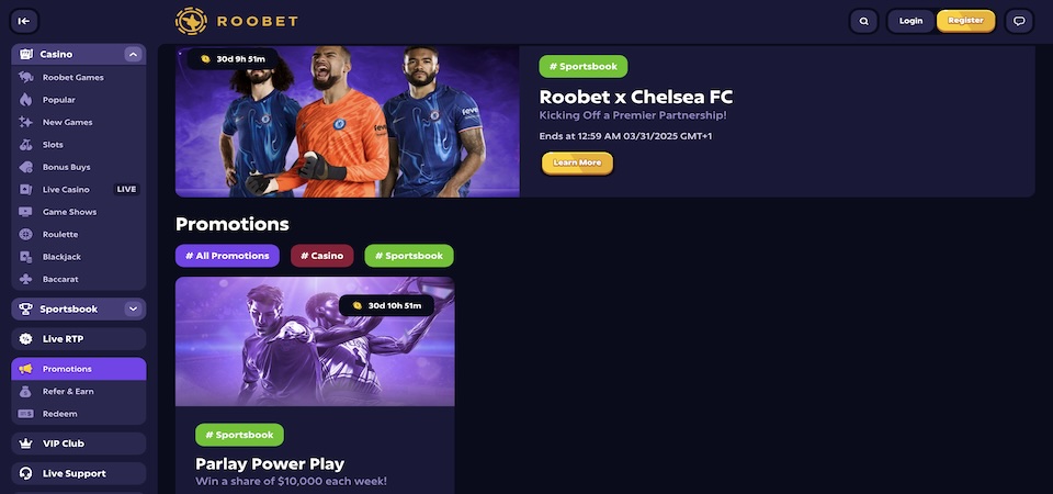 Screenshot of the Roobet bonuses page