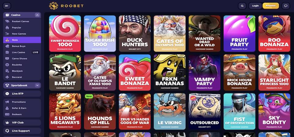 Screenshot of the Roobet casino page