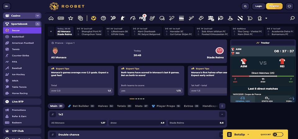 Screenshot of the Roobet sport page