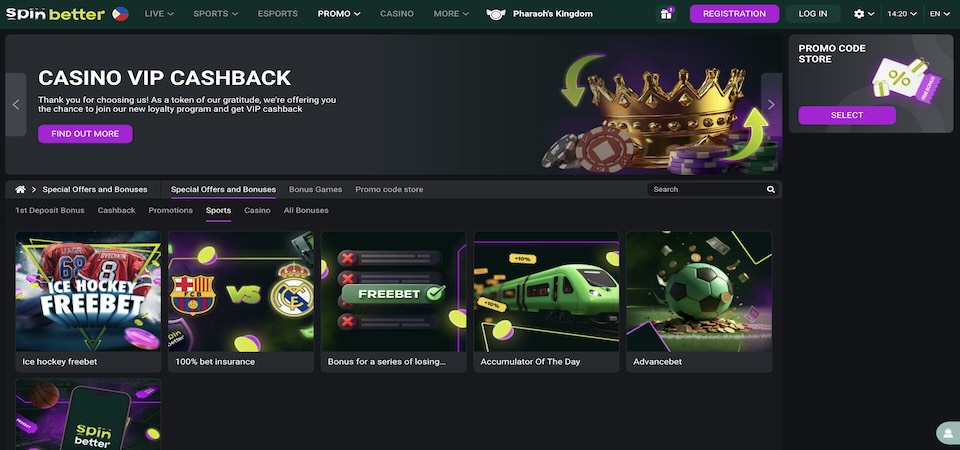 Screenshot of the Spinbetter promotions page