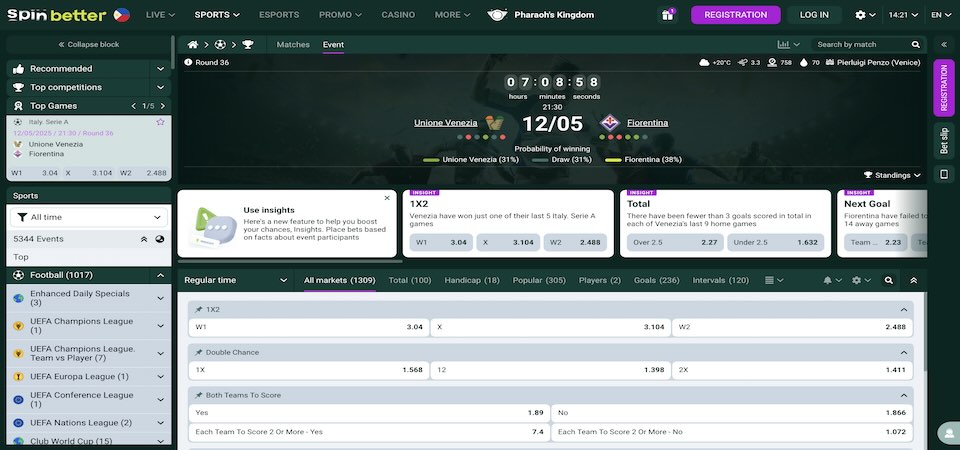 Screenshot of the Spinbetter sport page