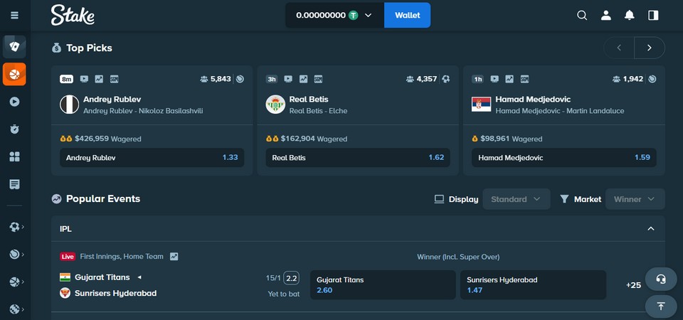 Screenshot of the stake sport page