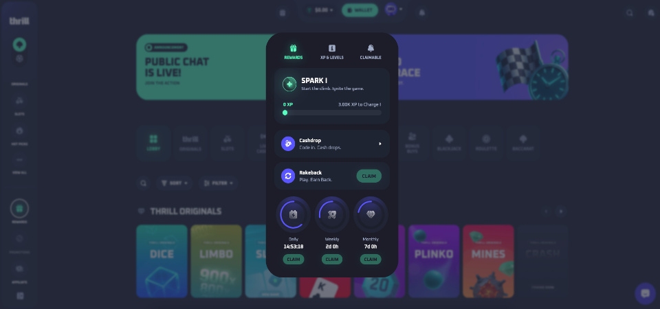 Screenshot of the Thrill bonuses page