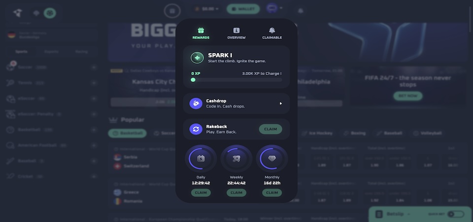 Screenshot of the Thrill bonuses page