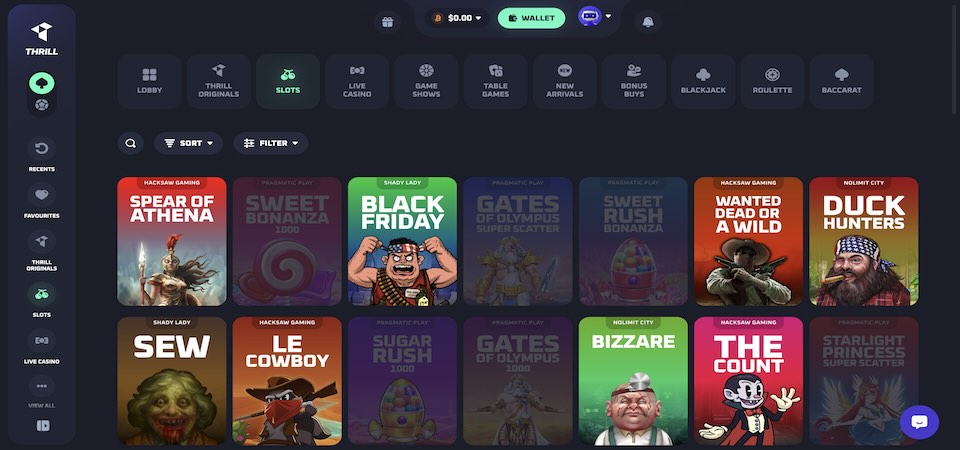 Screenshot of the Thrill casino page
