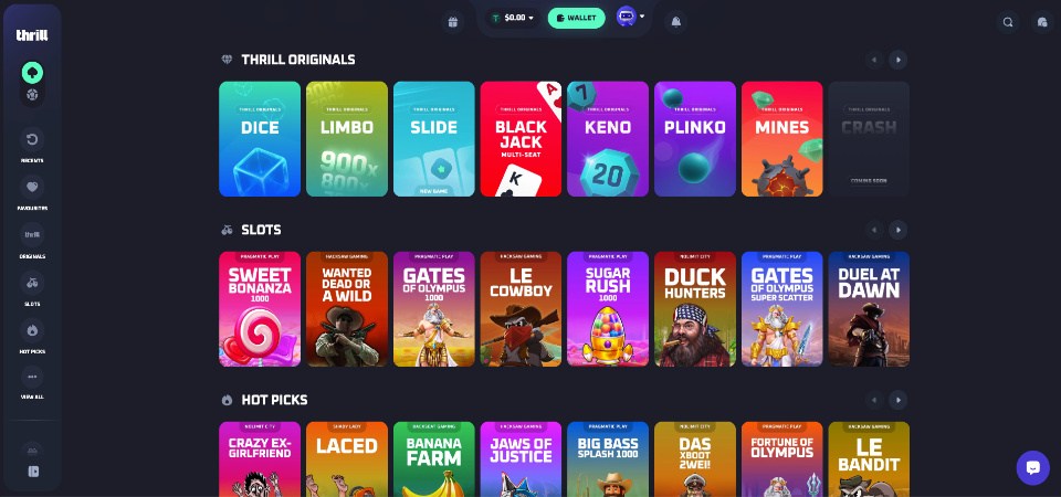 Screenshot of the Thrill casino page
