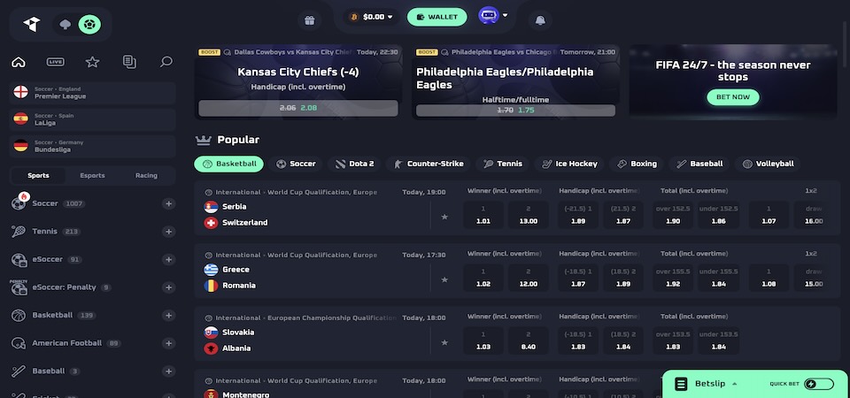 Screenshot of the Thrill sports page