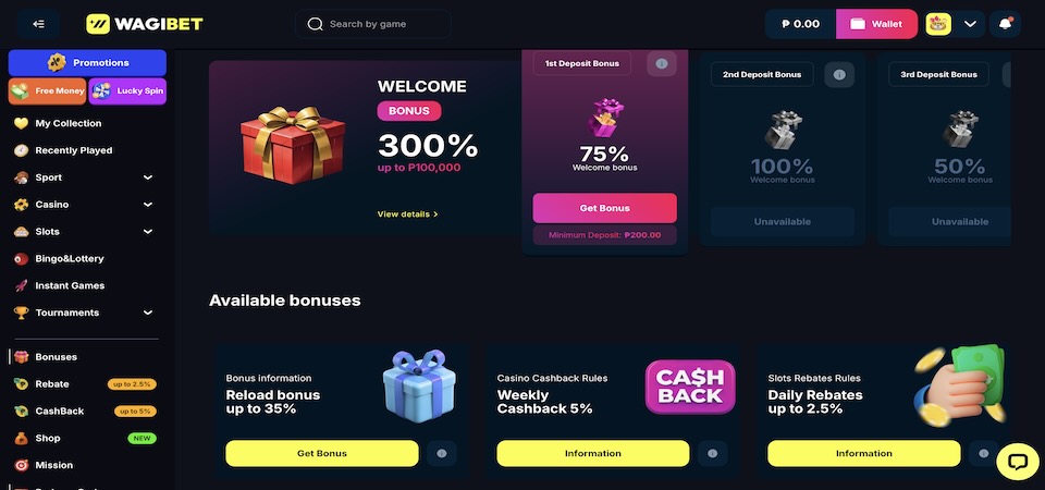Screenshot of the Wagibet bonuses page in Philippines