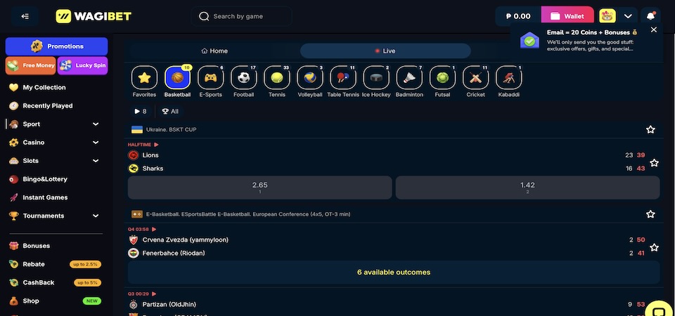 Screenshot of the Wagibet sports page