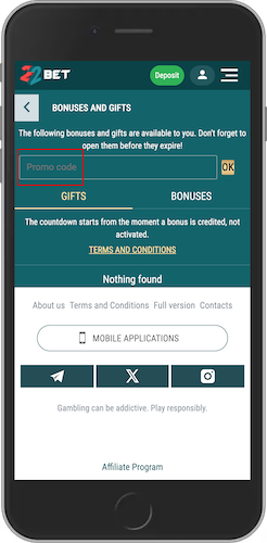 The mobile screenshot of 22bet promo page