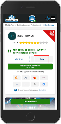 The mobile screenshot of mightytips 22bet bonus page